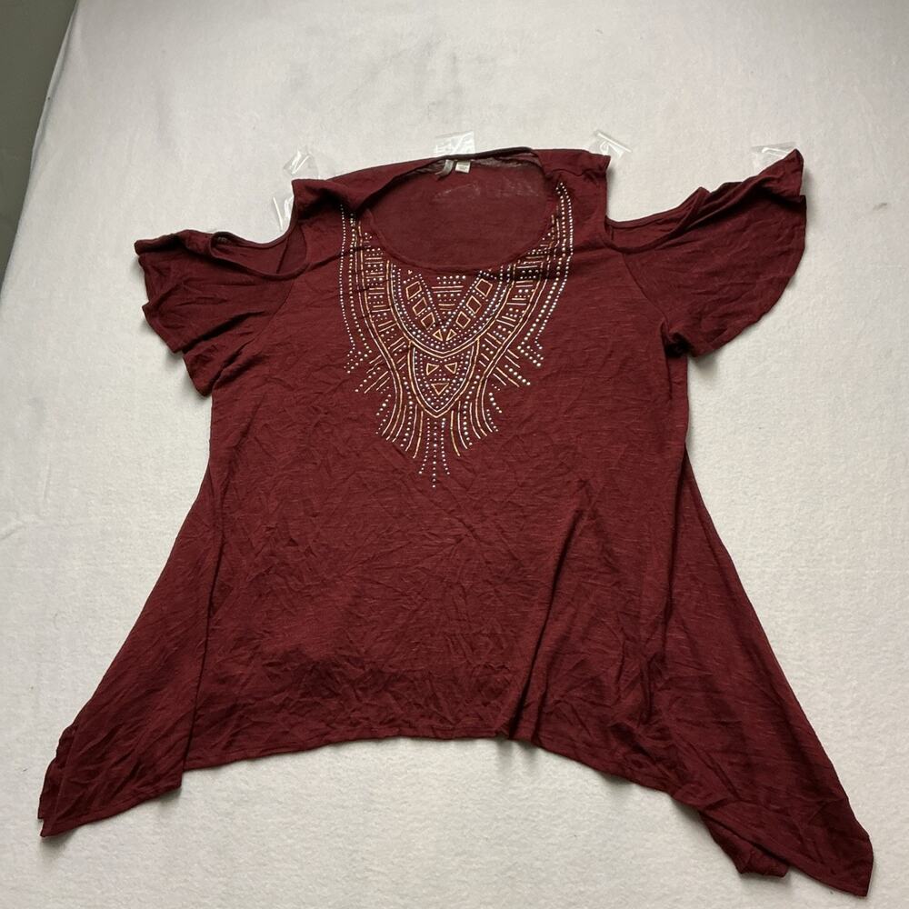 Women’s Cato Top Cold Shoulder Bell Sleeves ,rhinestone Burgundy, Sz 18/20W,4159